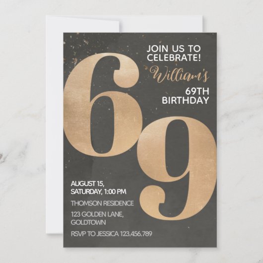 Gold Black 69th Birthday Invitation Kaart (Voorkant)