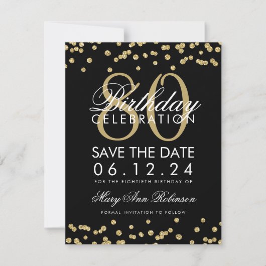 Gold Black 80th Birthday Save Date Confetti Save The Date (Voorkant)