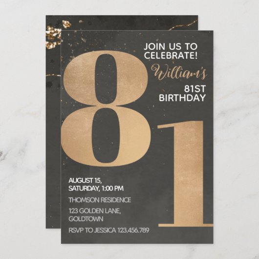 Gold Black 81st Birthday Invitation (Devant / Derrière)