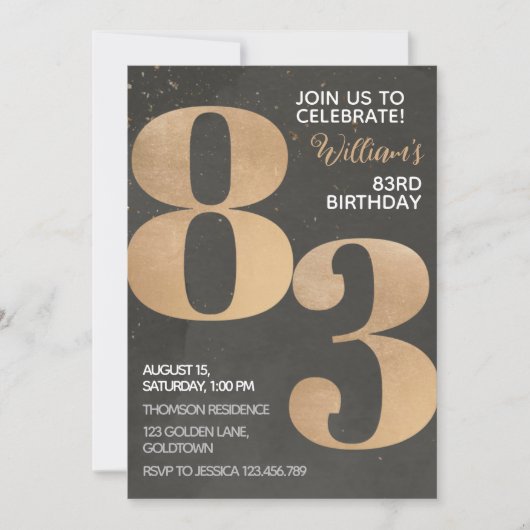 Gold Black 83rd Birthday Invitation Kaart (Voorkant)