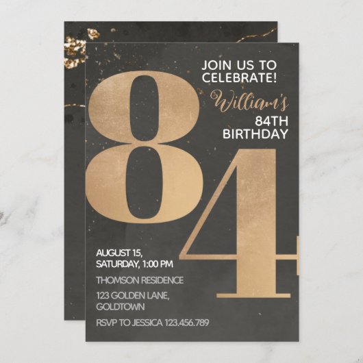 Gold Black 84th Birthday Invitation Kaart (Voorkant / Achterkant)