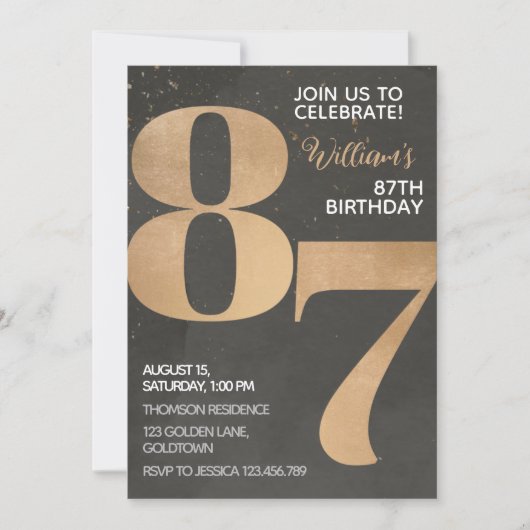 Gold Black 87th Birthday Invitation Kaart (Voorkant)