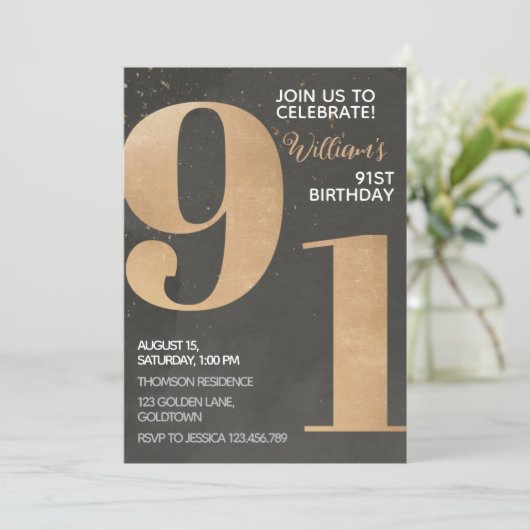 Gold Black 91st Birthday Invitation (Debout devant)