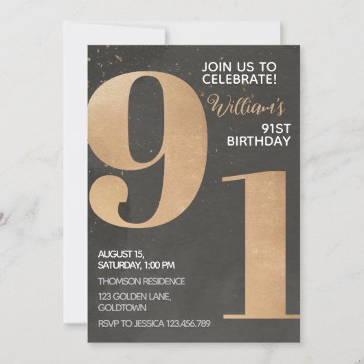 Gold Black 91st Birthday Invitation Kaart (Voorkant)