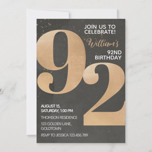 Gold Black 92nd Birthday Invitation Kaart (Voorkant)