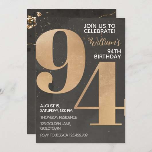 Gold Black 94th Birthday Invitation (Devant / Derrière)