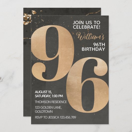 Gold Black 96th Birthday Invitation (Devant / Derrière)