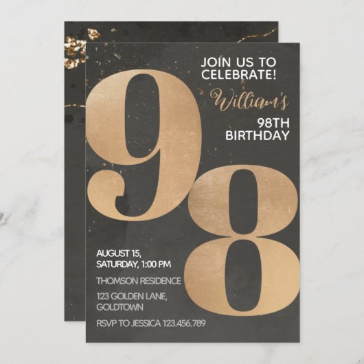 Gold Black 98th Birthday Invitation (Devant / Derrière)
