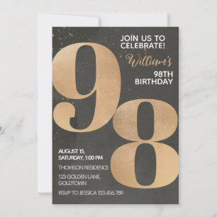 Gold Black 98th Birthday Invitation Kaart