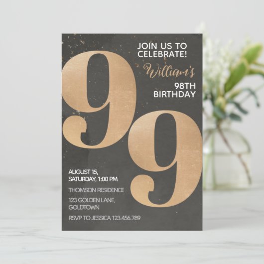 Gold Black 99th Birthday Invitation (Debout devant)