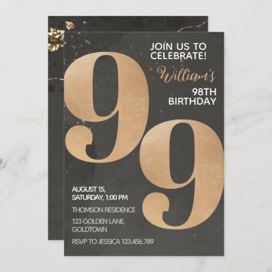 Gold Black 99th Birthday Invitation (Devant / Derrière)