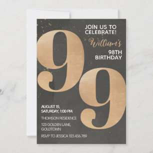 Gold Black 99th Birthday Invitation Kaart