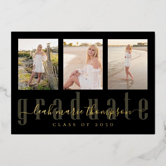 Gold Black Afstuderen Calligrafie Fotocollage Folie Uitnodiging (Voorkant)