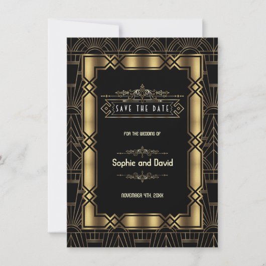 Gold Black Art Deco Gatsby 1920s Bespaar de datum Save The Date (Voorkant)
