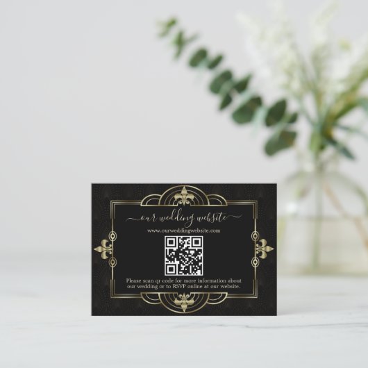 Gold Black Art Deco QR Code Weddenschap Informatiekaartje (Staand voorkant)