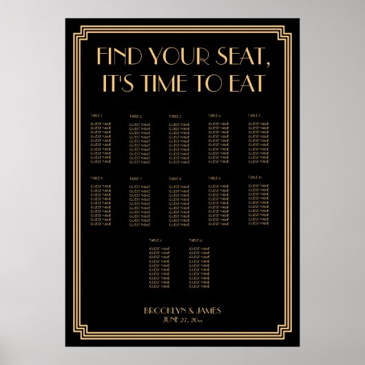 Gold Black Art Deco Wedding Seating Chart Poster (Voorkant)