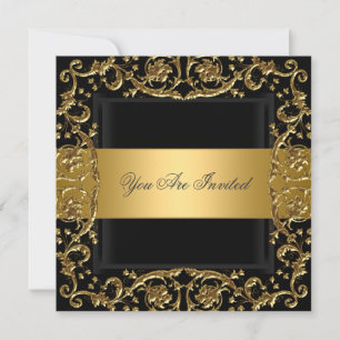 Gold Black Birthday Party Invitation Kaart