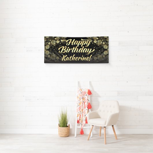 Gold/Black Bokeh Happy Birthday Party Spandoek (Insitu)