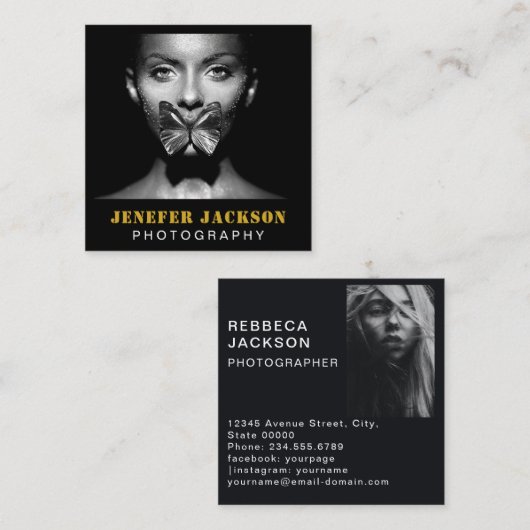 Gold Black Bold Script 2 Photo Minimal QR Code Vierkante Visitekaartje (Voorkant / Achterkant)