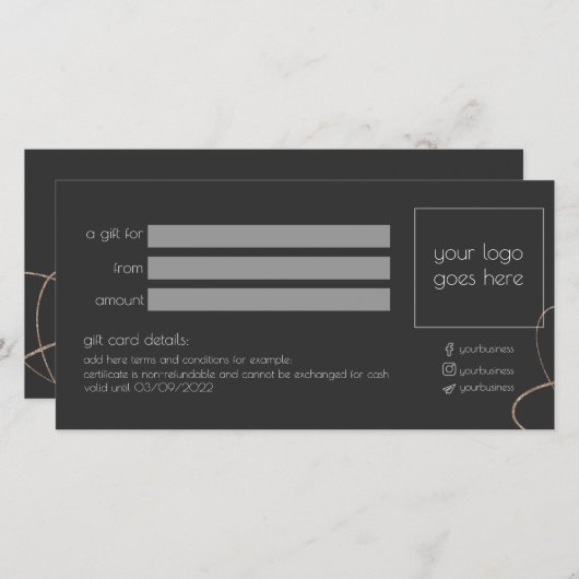 Gold & Black Business Gift Certificate Kaart (Voorkant / Achterkant)