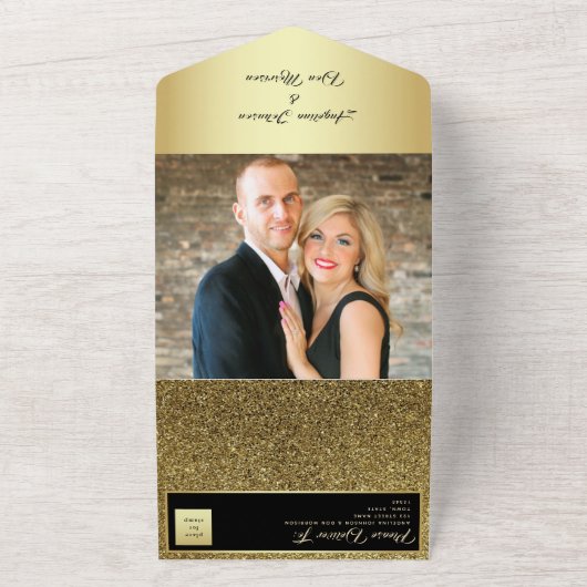 Gold Black Calligraphy Wedding All In One Uitnodiging (Buitenkant)