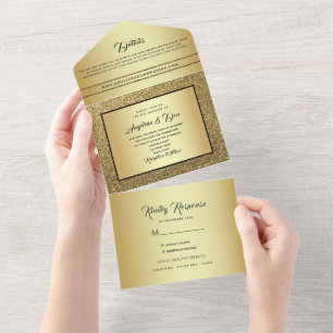 Gold Black Calligraphy Wedding All In One Uitnodiging