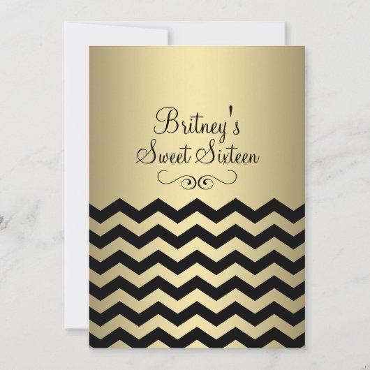 Gold & Black Chevron Sweet 16 Invitation d'anniver (Devant)