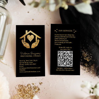 Gold Black Cleaning Service Maid QR Code Logo Visitekaartje