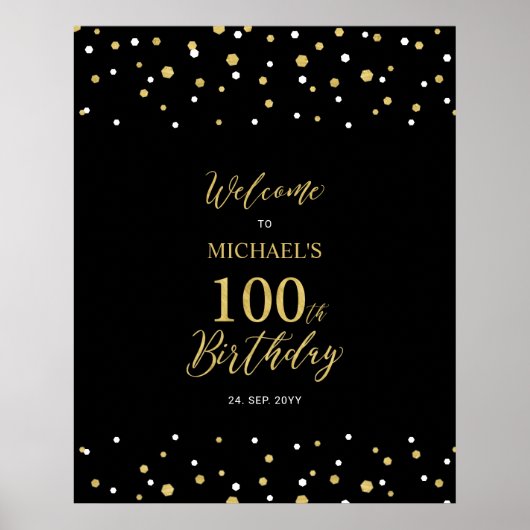 Gold & Black Confetti 100th Birthday Party - Welko Poster (Voorkant)