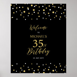 Gold & Black Confetti 35th Birthday Party Welkom Poster