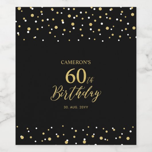 Gold & Black Confetti 60th Birthday Party Wijn Etiket (Enkel label)
