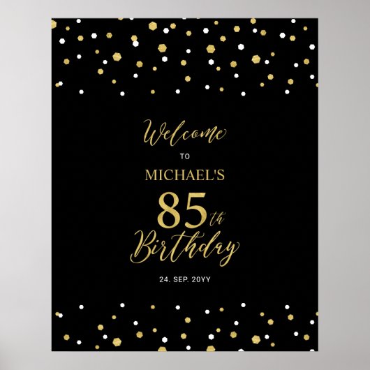 Gold & Black Confetti 85th Birthday Party - Welkom Poster (Voorkant)