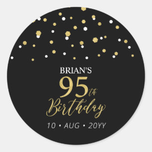 Gold & Black Confetti 95th Birthday Party Favoriet Ronde Sticker