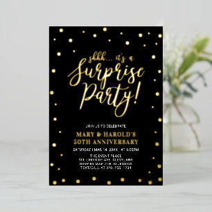 Gold & Black Confetti Surprise Jubileum Party Folie Uitnodiging