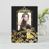 Gold Black Damask Bow Photo Quinceanera Invitation (Debout devant)