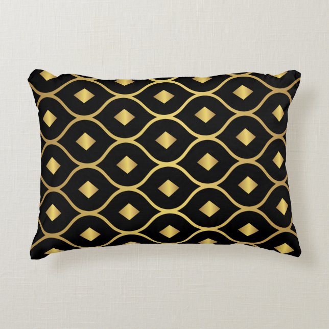 Gold Black Damask Diamond Pattern Accent Kussen (Voorkant)