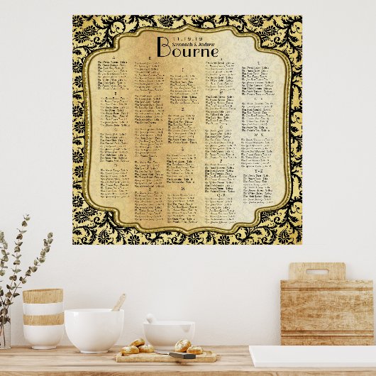 Gold & Black Damask Wedding Seating Chart Poster (Keuken)