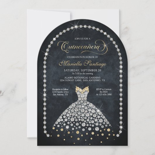 Gold Black Diamonds Elegant Quinceanera Invitation (Devant)