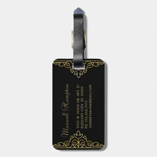 Gold Black Elegant Script Classy Monogramed Bagagelabel (Achterkant verticaal)