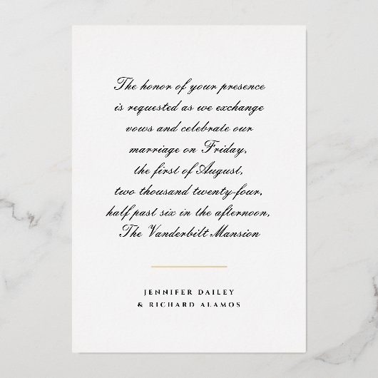 Gold, Black en White Script Wedding Invitation F Folie Uitnodiging (Voorkant)