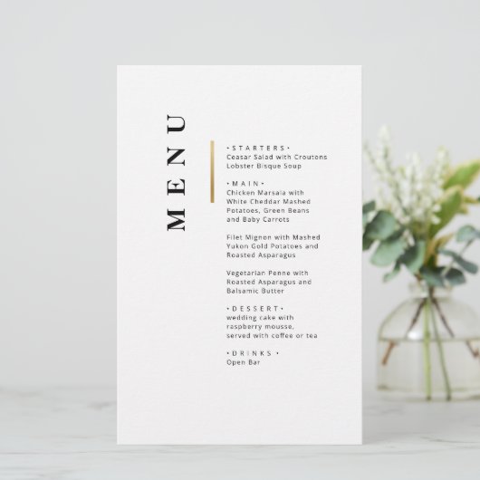 Gold Black en White Typography bruiloft menu (Staand voorkant)