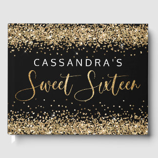 Gold Black Faux Glitter Sweet Sixteen Guest Book Gastenboek