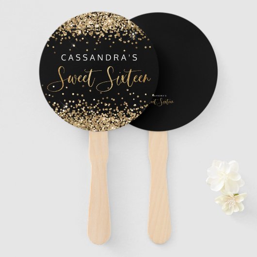 Gold Black Faux Glitter Sweet Sixteen Hand Fans Handwaaier (Voorkant en achterkant)