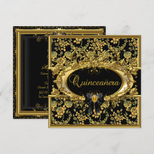 Gold & Black Floral Damask Quinceanera Invite Kaart