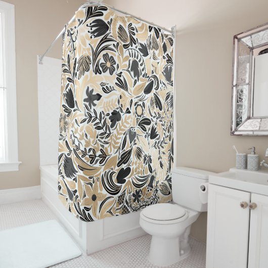 Gold Black Floral Leaves Illustration Pattern Douchegordijn (In situ)