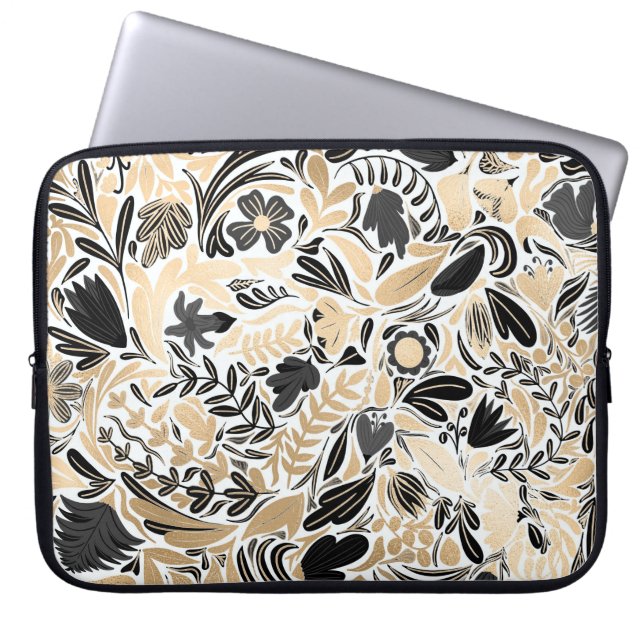 Gold Black Floral Leaves Illustration Pattern Laptop Sleeve (Voorkant)