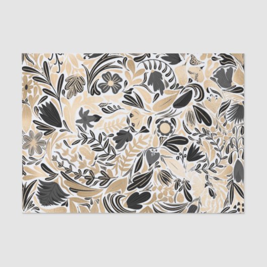 Gold Black Floral Leaves Illustration Pattern Tissuepapier (Voorkant)