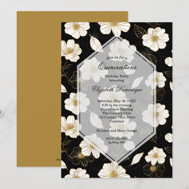 Gold Black Floral Quinceañera Invitations d'annive (Devant / Derrière)
