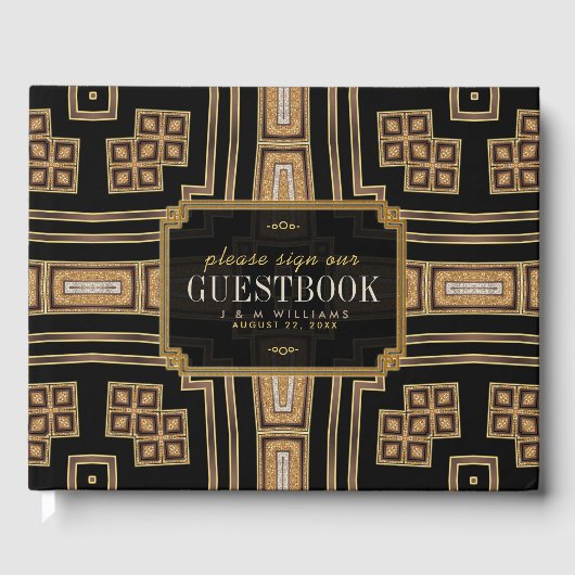 Gold Black Geometric Mosaic Pattern Weddenschap Gastenboek (Voorkant)