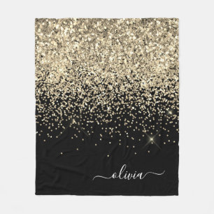 Gold Black Girly Glitter Sparkle Monogram Naam Fleece Deken